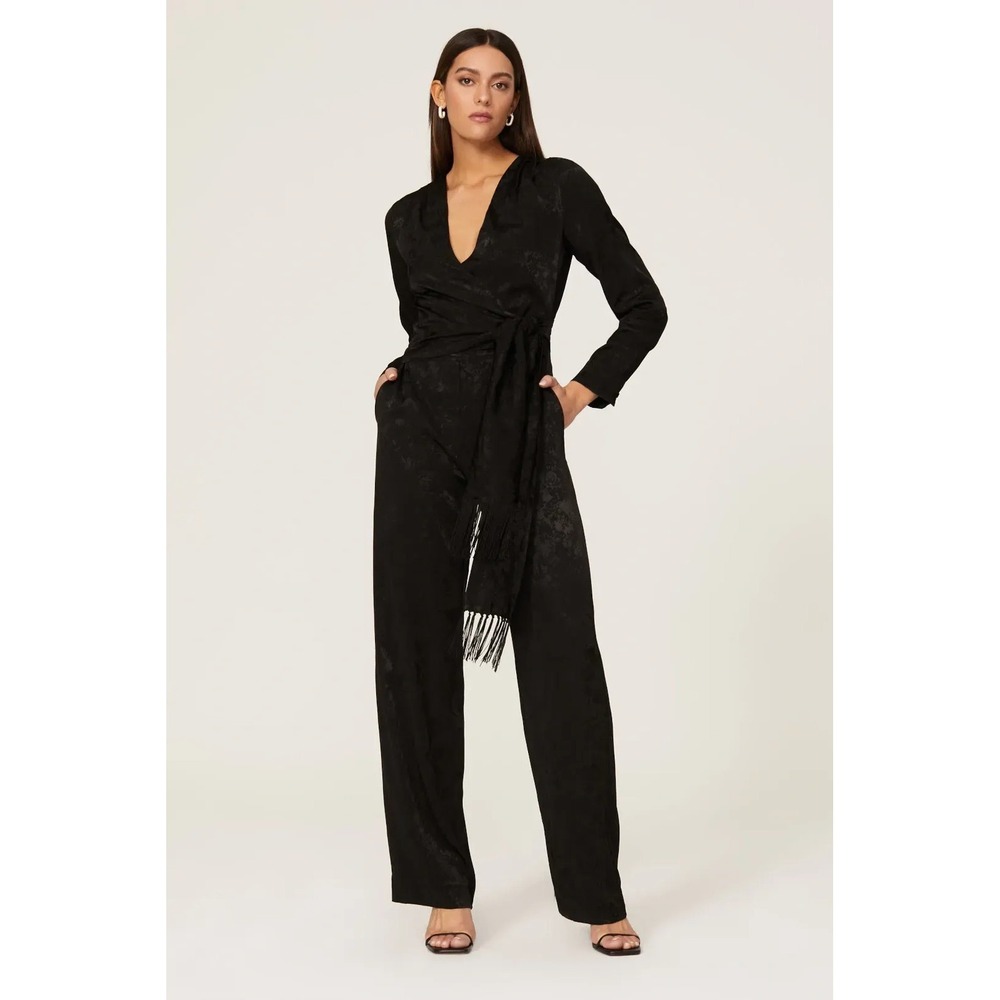 Jonathan‎ Simkhai Jumpsuit Womens Size 4 Black Jacquard Fringe Belt Long Sleeve